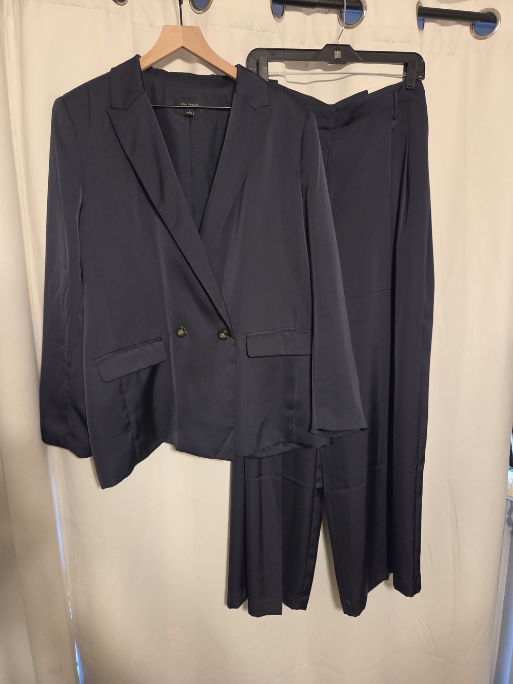 Ann Taylor Navy Double-Breasted Blazer and Matching Pants Set